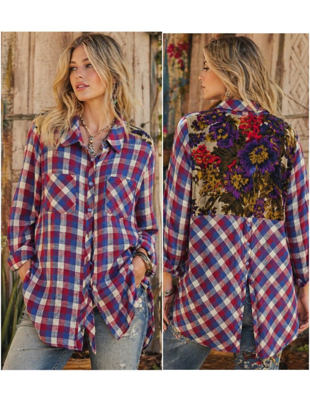 Aratta Silent Journey Valencia Shirt Top Plaid/Silk Velvet Burnout Tunic sz M/L